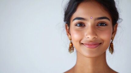 smiling Indian woman exudes confidence in a casual tank top, t-shirt and bikini style, set against a bright, airy white background, perfect for summer themed visuals.