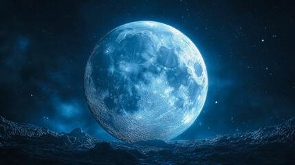 a large blue moon is in the sky above a rocky landscape. the moon is surrounded by a dark sky with s