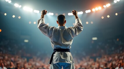 A karate athlete raises his arms proudly after becoming an Olympic competition champion