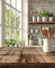 Wall Mural - A white ceramic container with wooden utensils on the kitchen counter