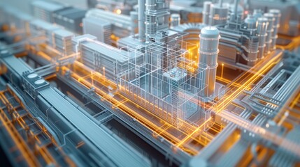 Leinwandbilder - An aerial view of a digital twin of a tech factory, semi transparent that can view the interior of the factory. Generative AI.
