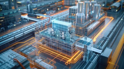 Aufkleber - An aerial view of a digital twin of a tech factory, semi transparent that can view the interior of the factory. Generative AI.