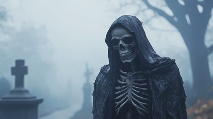 a skeleton in a hood standing in a graveyard on a foggy night.