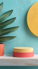 Wall Mural - A yellow and red sculpture sits on a shelf next to a potted plant