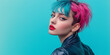 © alsu0112 - A young woman in a punk look on a bright background with multi-colored hair, with bright makeup. Advertising banner.