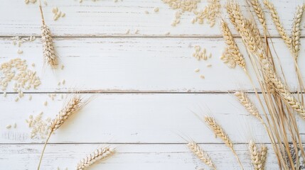 Wall Mural - A rustic vintage background with green wheat rye oats on a white wooden board is seen from the top