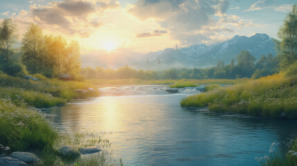 Wall Mural - A beautiful landscape with a river and mountains in the background. The sun is setting, casting a warm glow over the scene. The water is calm and peaceful