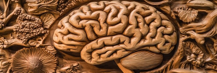 An illustration of the human brain and ADHD in the form of a wooden panel structure