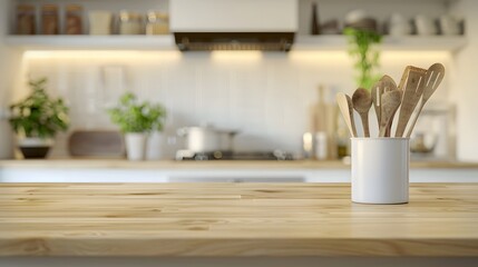 A white ceramic container with wooden utensils on the kitchen counter