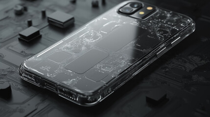Wall Mural - a cell phone with a cracked screen is sitting on a black surface. the phone is encased in a clear pl