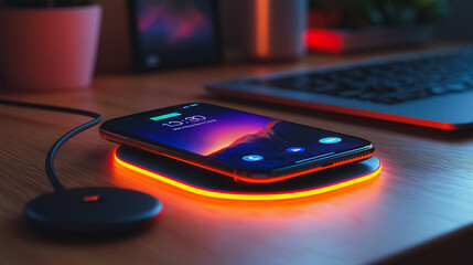 Wall Mural - a cell phone is charging on a wireless charger. the phone is on a table next to a laptop