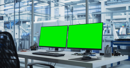 Aufkleber - Modern Industrial Manufacture with Desktop Computers with Green Screen Mock Up Display. Scientific Lab, Engineering Research Center with High-Tech Equipment, Technology for Robot Development