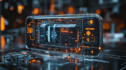 Wall Mural - a phone with a glowing screen and a battery icon. the phone is surrounded by a dark background with 