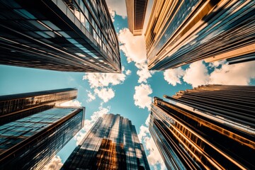 Sticker - A low angle image of a typical contemporary office tower characterized by a glass facade. Financial and economic concepts are discussed.