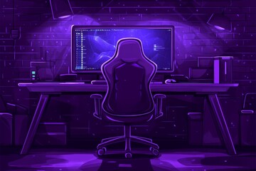 Future gamer setup illustration, computer and gamer chair, gradient background.