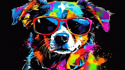 a dog with sunglasses on his head is wearing a colorful shirt that says bear.