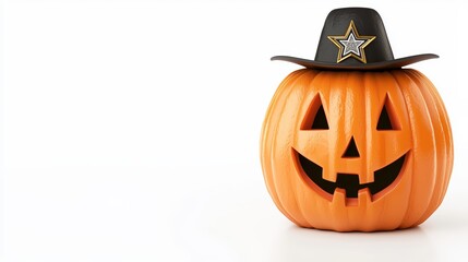 A Halloween pumpkin with a sheriff s badge, spooky Wild West, 3D illustration, isolated on white background