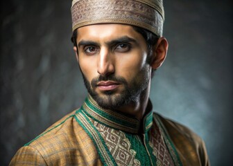 Half Body Frontal Portrait Shot of Handsome Pakistani  Ethnicit Model In Traditional Pakistani Dress