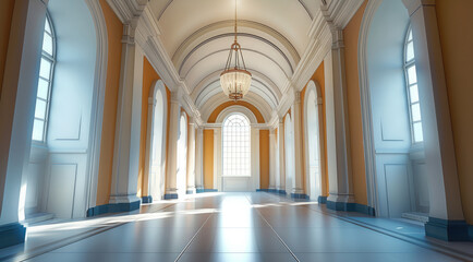 hallway in historical building with curved ceilings, bright, happy, warm. generative ai.