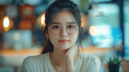 Poster - A young Asian woman wearing glasses is sitting at her desk in the office. Generative AI.