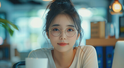 Poster - A young Asian woman wearing glasses is sitting at her desk in the office. Generative AI.