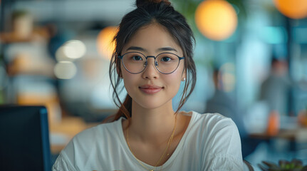 Poster - A young Asian woman wearing glasses is sitting at her desk in the office. Generative AI.
