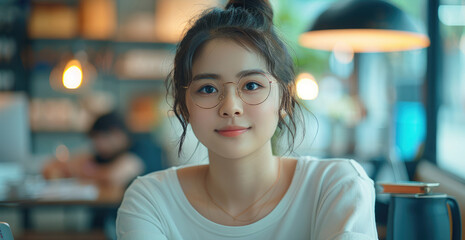 Poster - A young Asian woman wearing glasses is sitting at her desk in the office. Generative AI.