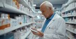 © TigerDude - An elderly male pharmacist in a white lab coat, holding and looking at a tablet while standing next to shelves filled with various medicine bottles in