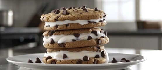 An ice cream sandwich with chocolate chip cookies made from scratch.