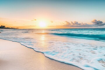 Wall Mural -  Tranquil beach scene at sunset with turquoise blue waves, golden sunlight, and white foam, serene ocean view with distant swimmers and sandy shore in warm evening tones.