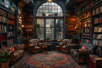 Poster - a room with a large window and bookshelves

