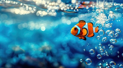 bright orange white clownfish swims through clear blue underwater ocean sea aquatic marine life