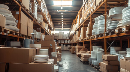 Poster - A fancy warehouse full of cardboard boxes with some ceramic tableware, bowls, plates. Generative AI.