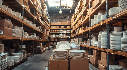 Poster - A fancy warehouse full of cardboard boxes with some ceramic tableware, bowls, plates. Generative AI.