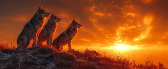 Wall Mural - Three wolves perch on a rocky ledge, gazing at the sunset where the sky glows with warm orange and golden hues