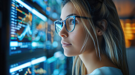 Poster - Businesswoman analyzing market trends on multiple screens, symbolizing economic strategy, modern office. Generative AI.
