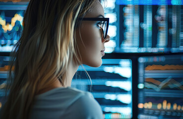 Poster - Businesswoman analyzing market trends on multiple screens, symbolizing economic strategy, modern office. Generative AI.