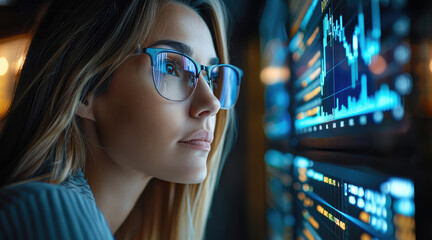 Poster - Businesswoman analyzing market trends on multiple screens, symbolizing economic strategy, modern office. Generative AI.