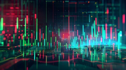 Canvas Print - A stock market chart with candlestick charts and trend lines on dark background, featuring green red blue colors.