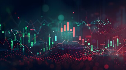 Wall Mural - A stock market chart with candlestick charts and trend lines on dark background, featuring green red blue colors.