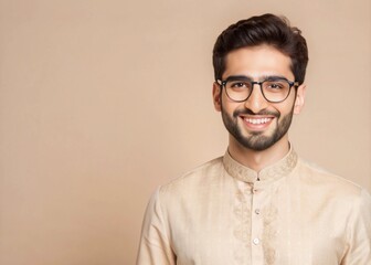 half body frontal portrait shot of handsome pakistani ethnicit model in traditional pakistani dress