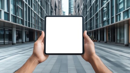 Canvas Print - A person holding a tablet in front of them with blank screen, AI