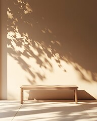 Wall Mural - A minimalist wooden bench against a beige wall with delicate shadows of leaves and branches, creates a serene atmosphere for product photography