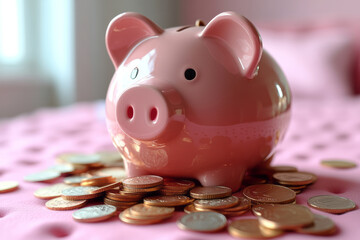 Poster - A piggy bank overflowing with coins, isolated on a soft pastel pink background, symbolizing savings and financial security,