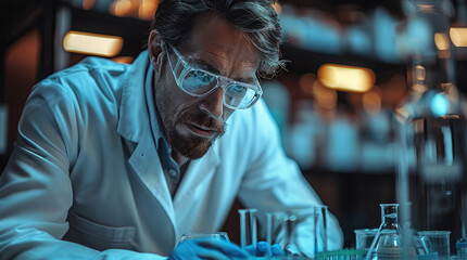 Aufkleber - Scientist working at the laboratory. microscope and innovation with a man in a laboratory for medical research or experiment. Healthcare. Generative AI.