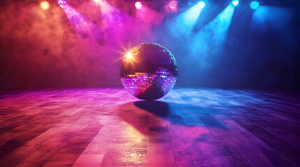 Wall Mural - A vibrant disco ball sparkles under dramatic lighting, creating a festive, colorful ambience on an empty dance floor ready for celebration.