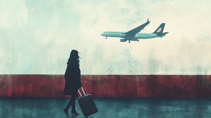 A Woman Carrying a Suitcase as an Airplane Soars in the Distance.