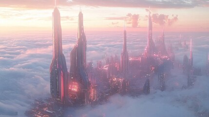 A majestic futuristic city emerging above the clouds, with tall buildings and advanced architecture glowing in the soft pastel light.