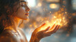 © Viktoriia - Woman with Closed Eyes Holding Radiant Energy in Her Hands, Surrounded by Warm, Golden Light in a Tranquil Setting