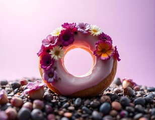 Miniature landscape, advertising photography, doughnuts made of flowers, surreal art, masterpiece, soft purple tones, professional surreal composition, gradient background